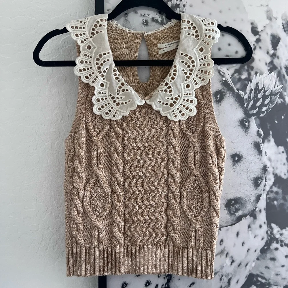 Anthropologie Tan Lace Collared Sweater Tank Top size XXS - Picture 11 of 11